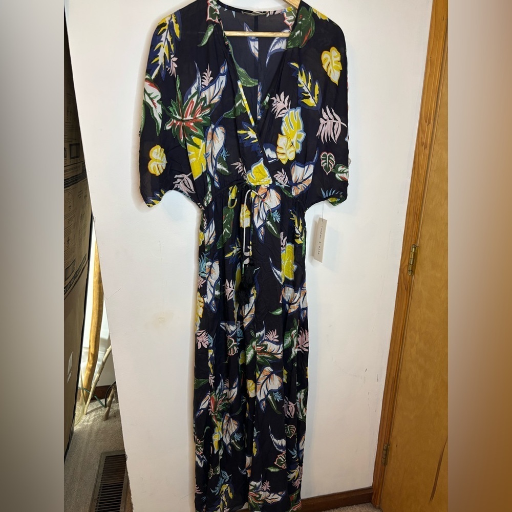NWT Cooper and Ella Black Multi Leaf Print Caftan Maxi Dress